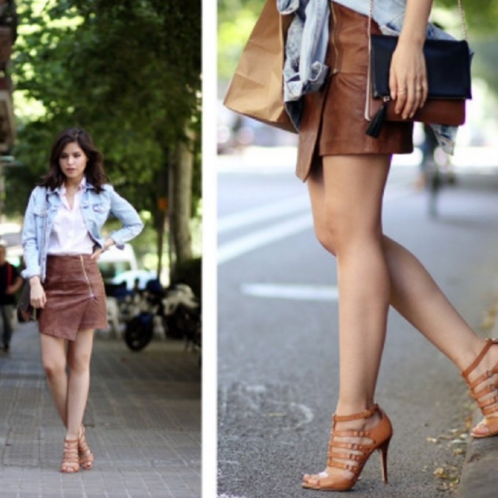 Tan Brown Leather Asymmetrical Zip Up Skirt - Picture 8 of 8